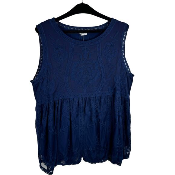 entro Tops - Entro Navy Blue Lace Lined Pleated Sleeveless Round Neck Tank Blouse Plus Sz 2X